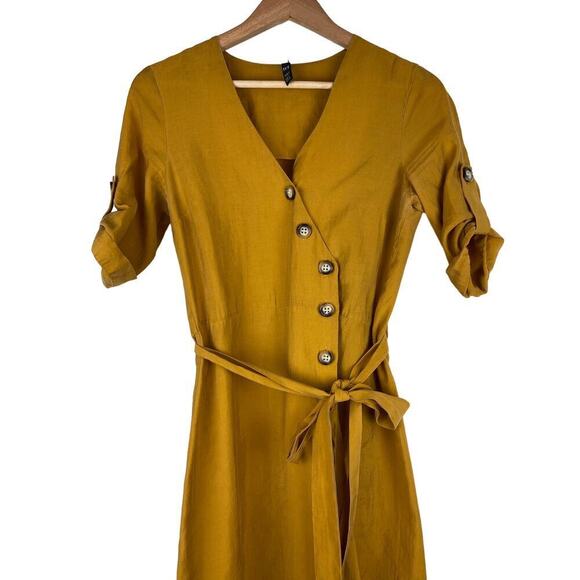 Zara trf Women's S Yellow Ochre Belted V-Neck Button Up Maxi Dress - Picture 1 of 7